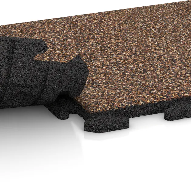 Großaufnahme vom Verbindungssystem von WARCO-Boden 1162 - Terasa dlaždice Classic im Farbdesign Kůra a Basto. Abmessungen 500 x 500 x 30 mm.