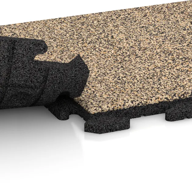 Großaufnahme vom Verbindungssystem von WARCO-Boden 1150 - Terasa dlaždice Classic im Farbdesign Travertin. Abmessungen 500 x 500 x 30 mm.