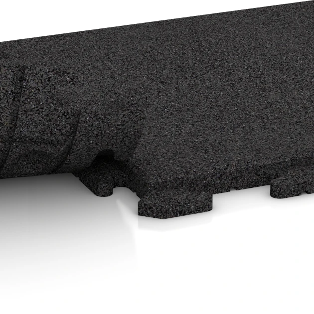 Großaufnahme vom Verbindungssystem von WARCO-Boden 1277 - Sportovní podlaha Fitness Gumové Dlaždice Classic im Farbdesign Antracit. Abmessungen 500 x 500 x 30 mm.