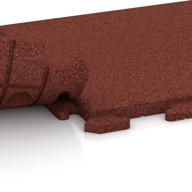 Großaufnahme vom Verbindungssystem von WARCO-Boden 1260 - Podlahová deska do kotce im Farbdesign Cihlově červená. Abmessungen 500 x 500 x 30 mm.