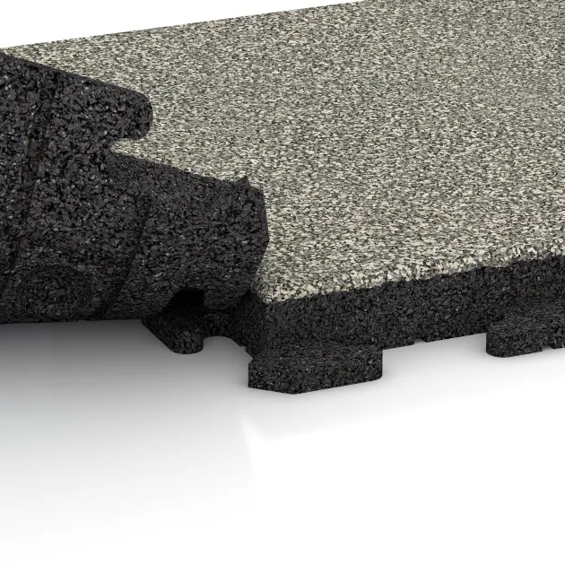 Großaufnahme vom Verbindungssystem von WARCO-Boden 1423 - Terasa dlaždice Classic im Farbdesign Světlý granit. Abmessungen 500 x 500 x 50 mm.