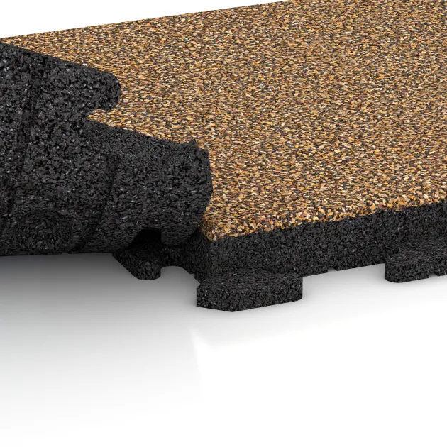 Großaufnahme vom Verbindungssystem von WARCO-Boden 1471 - Sportovní podlaha Fitness Gumové Dlaždice Classic im Farbdesign Maroko. Abmessungen 500 x 500 x 50 mm.