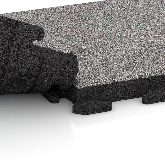 Großaufnahme vom Verbindungssystem von WARCO-Boden 4630 - Sportovní podlaha Fitness Gumové Dlaždice Classic im Farbdesign Šedý melange. Abmessungen 500 x 500 x 50 mm.