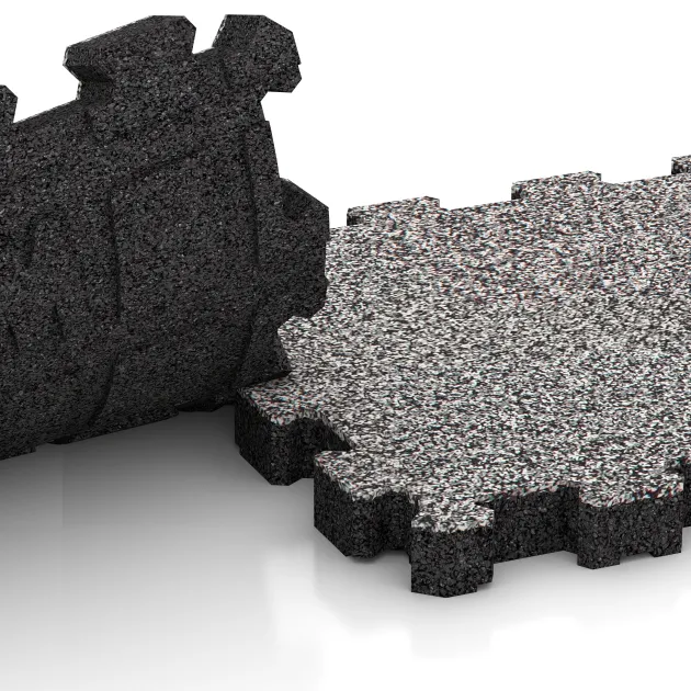 Großaufnahme vom Verbindungssystem von WARCO-Boden 4456 - Gumová dlaždice klik im Farbdesign Šedý melange. Abmessungen 306 x 306 x 30 mm.
