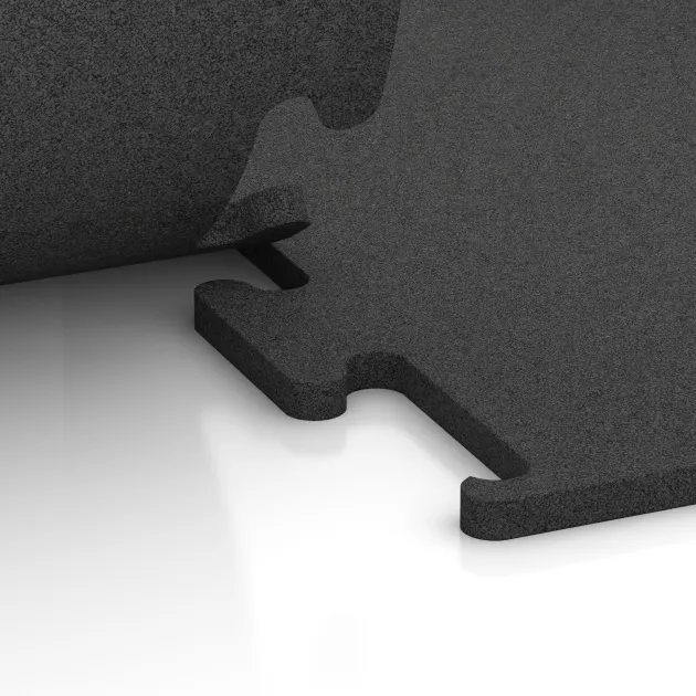 Großaufnahme vom Verbindungssystem von WARCO-Boden 3748 - Sportovní podlaha Fitness Performance Elite im Farbdesign Antracit. Abmessungen 1000 x 1000 x 20 mm.