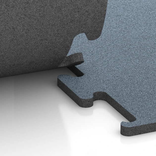 Großaufnahme vom Verbindungssystem von WARCO-Boden 6168 - Sportovní podlaha Fitness Performance Elite im Farbdesign Patinované stříbro. Abmessungen 50 x 50 x 2 cm.