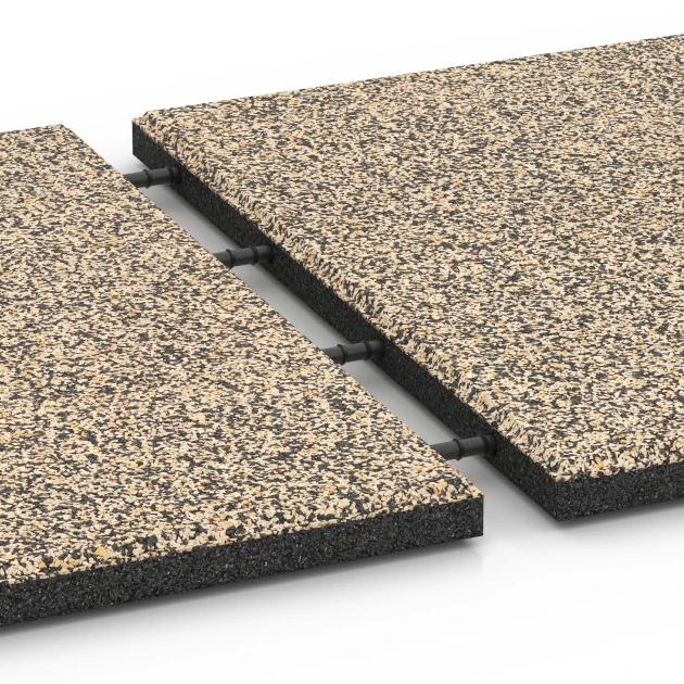 Großaufnahme vom Verbindungssystem von WARCO-Boden 6360 - Terasová dlaždice Classic im Farbdesign Travertin. Abmessungen 50 x 50 x 3 cm.