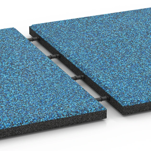 Großaufnahme vom Verbindungssystem von WARCO-Boden 6420 - Dopadová dlaždice EPDM – 90 cm im Farbdesign Atlantik. Abmessungen 50 x 50 x 3 cm | 0,25 m².