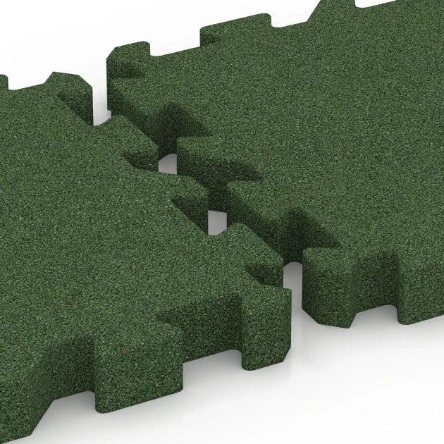 Großaufnahme vom Verbindungssystem von WARCO-Boden 6311 - Puzzle dlaždice na dětské hřiště im Farbdesign Travní zelená. Abmessungen 50 x 50 x 6 cm | 0,25 m².