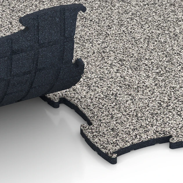 Großaufnahme vom Verbindungssystem von WARCO-Boden 6923 - Veletržní klik dlaždice im Farbdesign Šedá žula. Abmessungen 97,1 x 97,1 × 1,8 cm.