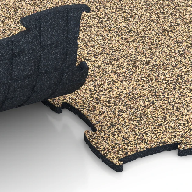 Großaufnahme vom Verbindungssystem von WARCO-Boden 6930 - Veletržní klik dlaždice im Farbdesign Ratan. Abmessungen 97,1 x 97,1 × 1,8 cm.