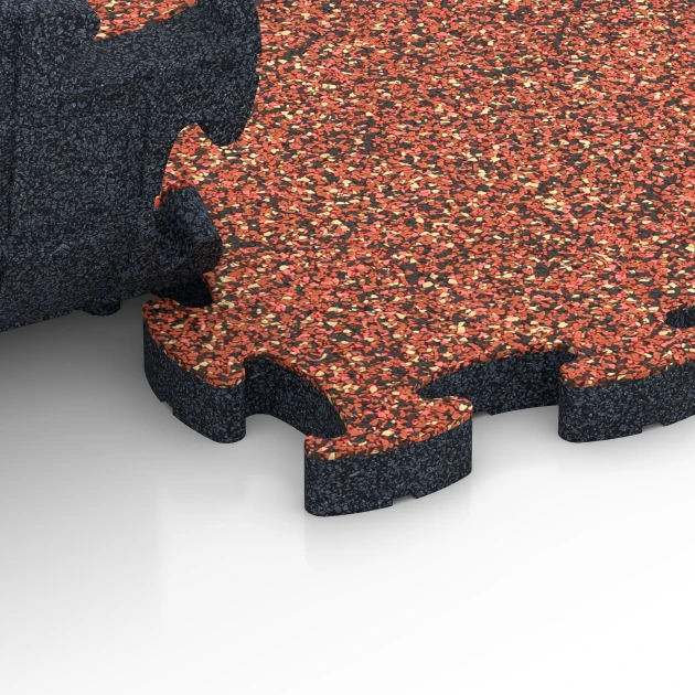 Großaufnahme vom Verbindungssystem von WARCO-Boden 6845 - Fitness Active podlaha im Farbdesign Etna. Abmessungen 44,6 x 44,6 × 2,8 cm.