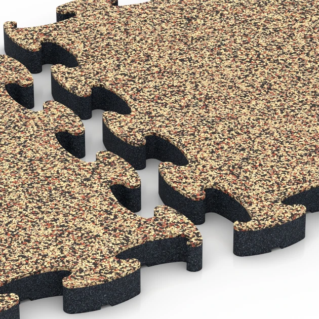 Großaufnahme vom Verbindungssystem von WARCO-Boden 6880 - Fitness Max Floor System im Farbdesign Terakota. Abmessungen 44,6 x 44,6 × 2,8 cm.