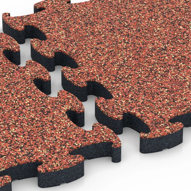 Großaufnahme vom Verbindungssystem von WARCO-Boden 6881 - Fitness Max Floor System im Farbdesign Etna. Abmessungen 44,6 x 44,6 × 2,8 cm.