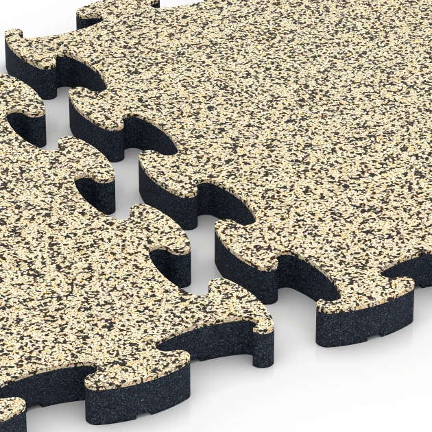 Großaufnahme vom Verbindungssystem von WARCO-Boden 6883 - Fitness Max Floor System im Farbdesign Travertin. Abmessungen 44,6 x 44,6 × 2,8 cm.