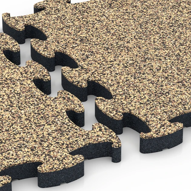 Großaufnahme vom Verbindungssystem von WARCO-Boden 6885 - Fitness Max Floor System im Farbdesign Ratan. Abmessungen 44,6 x 44,6 × 2,8 cm.