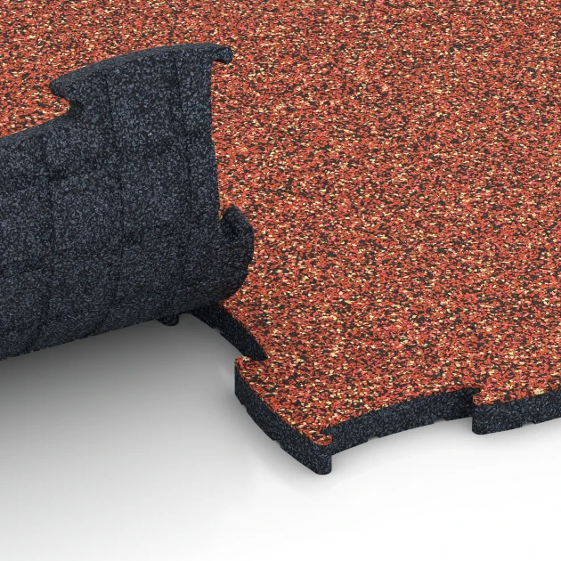 Großaufnahme vom Verbindungssystem von WARCO-Boden 6854 - Fitness Active podlaha im Farbdesign Etna. Abmessungen 97,1 x 97,1 x 2,8 cm.