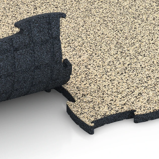Großaufnahme vom Verbindungssystem von WARCO-Boden 6856 - Fitness Active podlaha im Farbdesign Travertin. Abmessungen 97,1 x 97,1 x 2,8 cm.