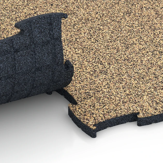 Großaufnahme vom Verbindungssystem von WARCO-Boden 6858 - Fitness Active podlaha im Farbdesign Ratan. Abmessungen 97,1 x 97,1 x 2,8 cm.