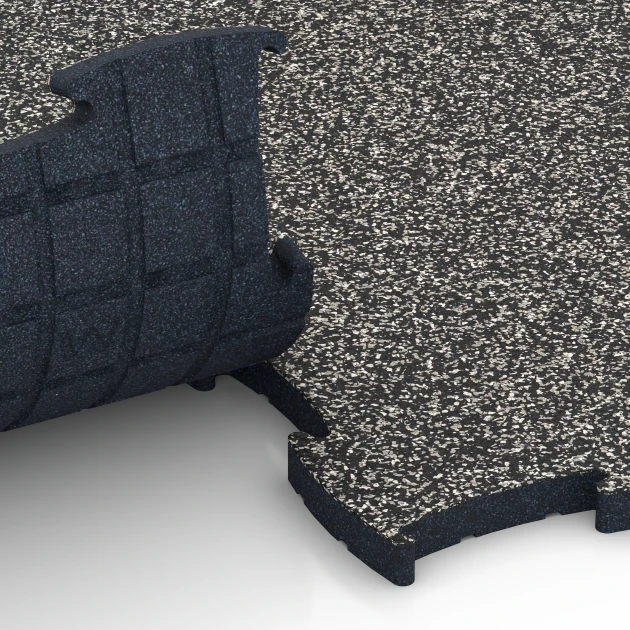 Großaufnahme vom Verbindungssystem von WARCO-Boden 6886 - Fitness Max Floor System im Farbdesign Tmavě šedá žula. Abmessungen 97,1 x 97,1 x 2,8 cm.