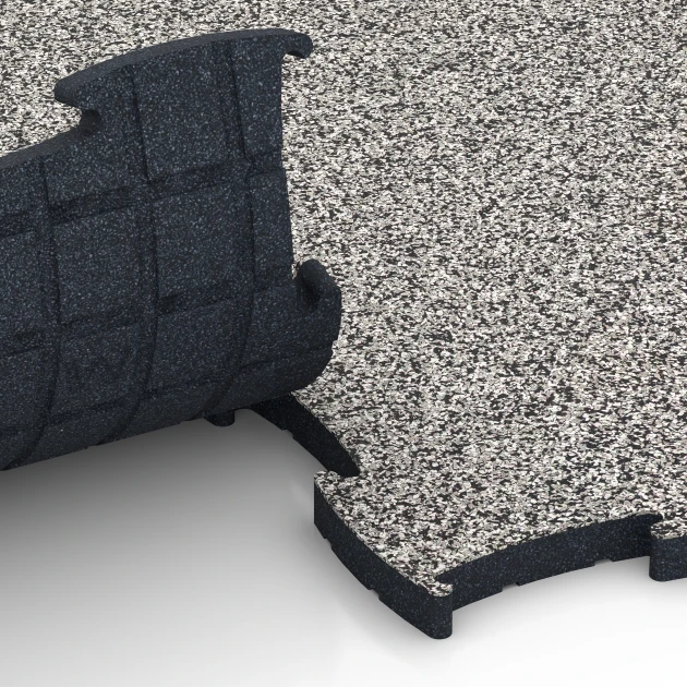 Großaufnahme vom Verbindungssystem von WARCO-Boden 6887 - Fitness Max Floor System im Farbdesign Šedá žula. Abmessungen 97,1 x 97,1 x 2,8 cm.