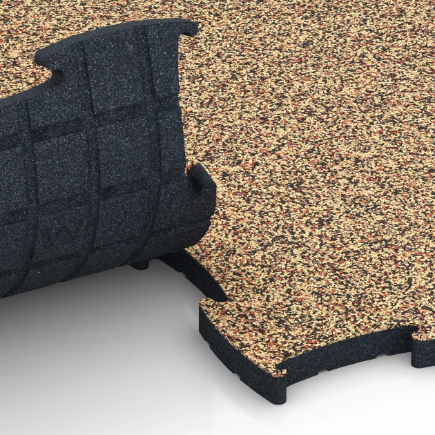 Großaufnahme vom Verbindungssystem von WARCO-Boden 6889 - Fitness Max Floor System im Farbdesign Terakota. Abmessungen 97,1 x 97,1 x 2,8 cm.