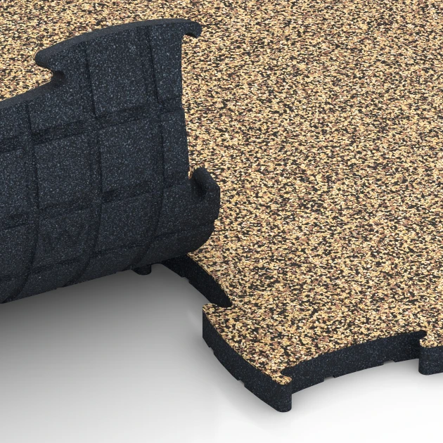 Großaufnahme vom Verbindungssystem von WARCO-Boden 6894 - Fitness Max Floor System im Farbdesign Ratan. Abmessungen 97,1 x 97,1 x 2,8 cm.