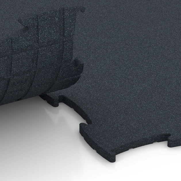 Großaufnahme vom Verbindungssystem von WARCO-Boden 6968 - Fitness Premium sportovní podlaha Plus im Farbdesign Antracit. Abmessungen 99 x 99 x 1,8 cm.