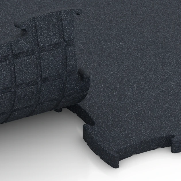 Großaufnahme vom Verbindungssystem von WARCO-Boden 6969 - Fitness Premium sportovní podlaha Plus im Farbdesign Antracit. Abmessungen 99 x 99 x 2,8 cm.