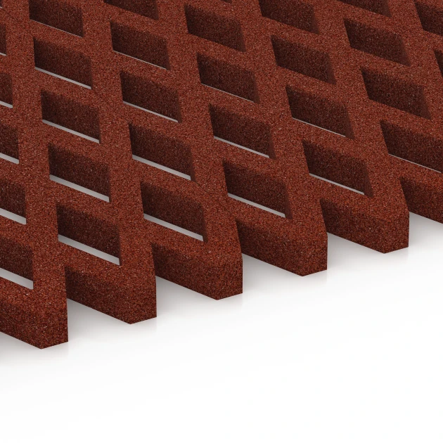 Großaufnahme vom Verbindungssystem von WARCO-Boden 7010 - Dopadová zatravňovací dlažba im Farbdesign Cihlově červená. Abmessungen 100 x 100 x 4 cm.