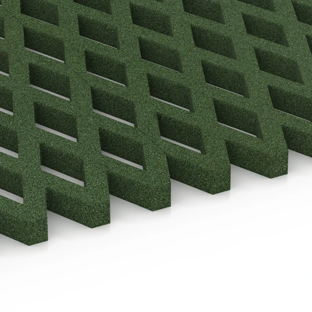 Großaufnahme vom Verbindungssystem von WARCO-Boden 7011 - Dopadová zatravňovací dlažba im Farbdesign Travní zelená. Abmessungen 100 x 100 x 4 cm.