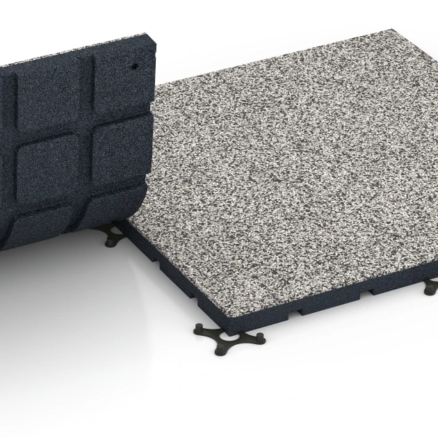 Großaufnahme vom Verbindungssystem von WARCO-Boden 7133 - Sportovní podlaha pro venkovní fitness im Farbdesign Šedá žula. Abmessungen 60 x 60 x 3 cm | 0,36 m².