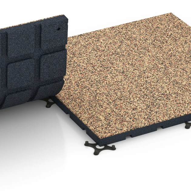 Großaufnahme vom Verbindungssystem von WARCO-Boden 7135 - Sportovní podlaha pro venkovní fitness im Farbdesign Terakota. Abmessungen 60 x 60 x 3 cm | 0,36 m².