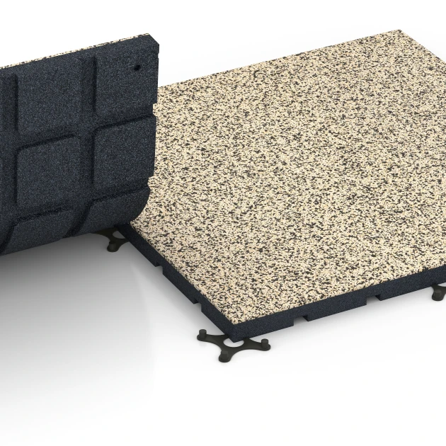 Großaufnahme vom Verbindungssystem von WARCO-Boden 7138 - Sportovní podlaha pro venkovní fitness im Farbdesign Travertin. Abmessungen 60 x 60 x 3 cm | 0,36 m².