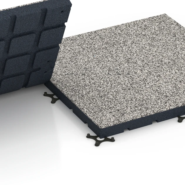 Großaufnahme vom Verbindungssystem von WARCO-Boden 7142 - Sportovní podlaha pro venkovní fitness im Farbdesign Šedá žula. Abmessungen 60 x 60 x 4 cm | 0,36 m².