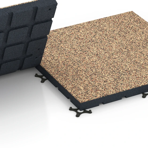 Großaufnahme vom Verbindungssystem von WARCO-Boden 7144 - Sportovní podlaha pro venkovní fitness im Farbdesign Terakota. Abmessungen 60 x 60 x 4 cm | 0,36 m².