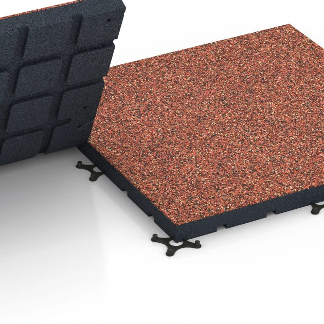 Großaufnahme vom Verbindungssystem von WARCO-Boden 7145 - Sportovní podlaha pro venkovní fitness im Farbdesign Etna. Abmessungen 60 x 60 x 4 cm | 0,36 m².