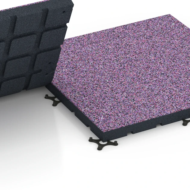 Großaufnahme vom Verbindungssystem von WARCO-Boden 7146 - Sportovní podlaha pro venkovní fitness im Farbdesign Levandule. Abmessungen 60 x 60 x 4 cm | 0,36 m².