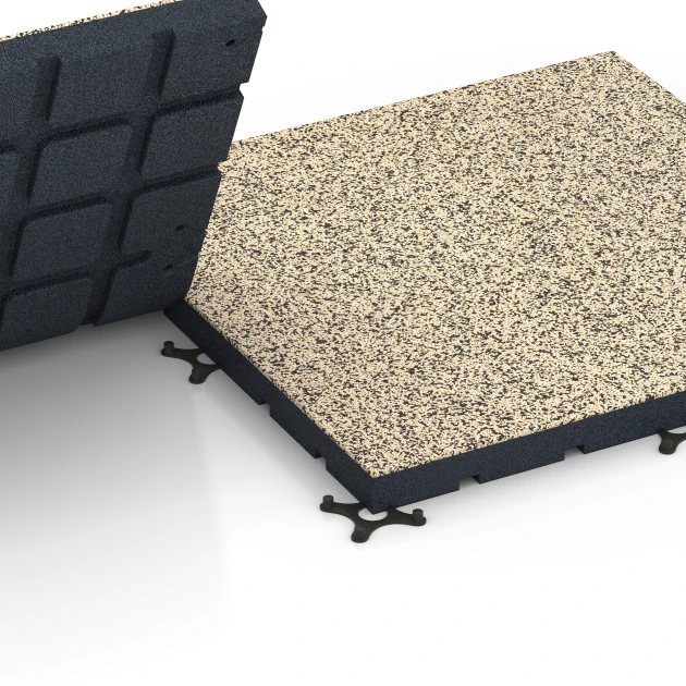 Großaufnahme vom Verbindungssystem von WARCO-Boden 7147 - Sportovní podlaha pro venkovní fitness im Farbdesign Travertin. Abmessungen 60 x 60 x 4 cm | 0,36 m².