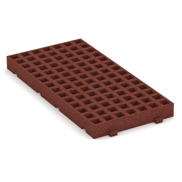 Foto der hinteren Seite vom unsymmetrischen WARCO-Formteil 6119: Gumová zatravňovací dlažba na dětské hřiště, Design Cihlově červená, Maße 100 × 50 × 8 cm.