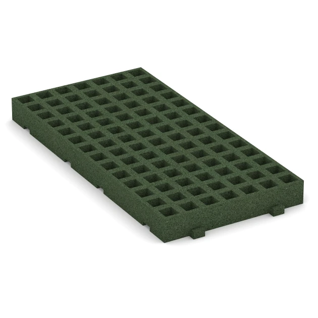 Foto der hinteren Seite vom unsymmetrischen WARCO-Formteil 6120: Gumová zatravňovací dlažba na dětské hřiště, Design Travní zelená, Maße 100 × 50 × 8 cm.